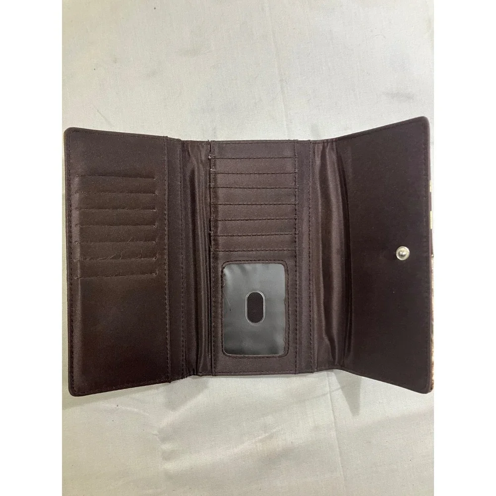 Guess Trifold Wallet Brown Monogram Canvas Snakeskin Gold Trim G‎ Logo Y2K Glam